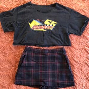 Cute Set- Tyler Tanner Motorsports Crop Top & Forever 21 Mini Plaid Skort Size-S